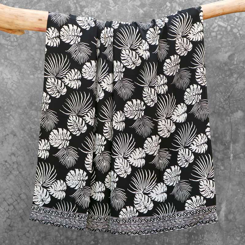 Batik Sarong Rayon Black Cream Tropical Leaves